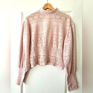 Free People Crochet Crop Sweater Mock Neck Cut Out Back Buttons Puffy Sleeves